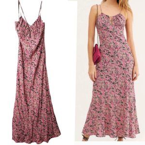 Free People Floral Print Maxi Dress Pink Black Sleeveless Boho Sun Dress Size XL